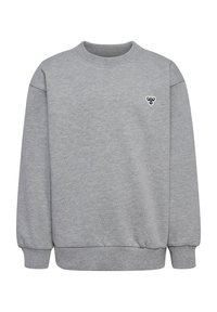 Grå sweatshirt med ribbad rundhals, långa ärmar och en liten broderad logotyp på bröstet. Tillverkad av mjukt, strukturerat tyg.