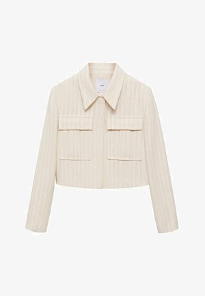 Cropped jacket in cream with vertical stripes, featuring a pointed collar, two front patch pockets, and long sleeves. Smooth texture.