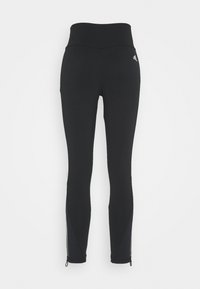 Svarta träningsleggings med hög midja, featuring sidoknappar vid anklarna och subtil branding på överbenet. Slät textur.