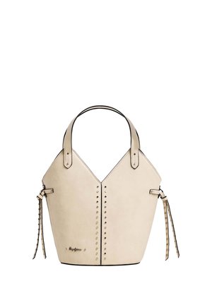 Sac à main en cuir crème avec deux poignées supérieures, détails de clous verticaux le long des coutures avant et accents de nœuds latéraux.