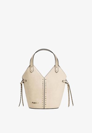 Sac à main en cuir crème avec deux poignées supérieures, détails de clous verticaux le long des coutures avant et accents de nœuds latéraux.