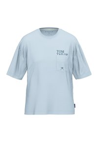 Light blue cotton t-shirt with short sleeves, a crew neckline, and a chest pocket. Features "TOM TAILOR" printed in dark blue on the pocket.
