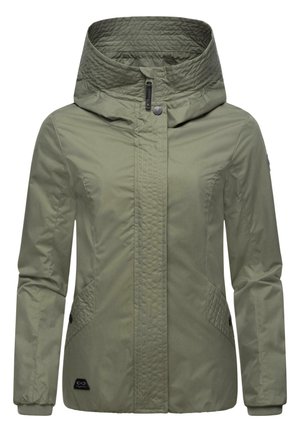 Green insulated jacket with a quilted high collar, full front zipper, side pockets, and elastic cuffs. Smooth surface, lightweight design.