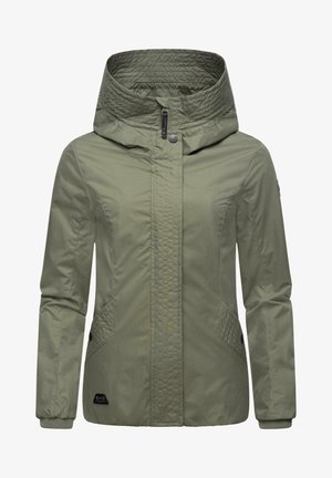 Groene geïsoleerde jas met een gewatteerde hoge kraag, volledige ritssluiting aan de voorkant, zijzakken en elastische cuffs. Glad oppervlak, lichtgewicht ontwerp.