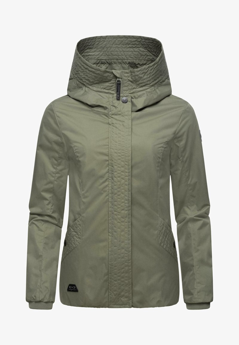 Žalia izoliuota striukė su siuvinėtu aukštu apykaklė, pilnu priekiniu užtrauktuku, šoninėmis kišenėmis ir elastingais rankogaliais. Lygi paviršiaus, lengvas dizainas.