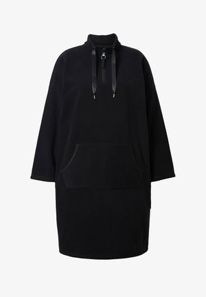Robe en polaire noire avec col montant, fermeture éclair mi-hauteur et cordons en satin. Comprend une poche à l'avant et une coupe décontractée. Texture douce.