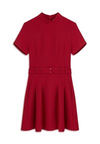 Abito rosso a maniche corte con colletto alto, vita con cintura e gonna plissé. Realizzato in un tessuto texturizzato con una finitura liscia.
