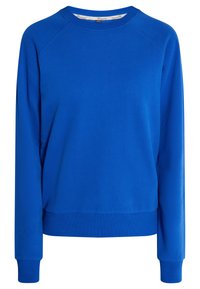 Blauwe crewneck sweatshirt met raglanmouwen, geribbelde manchetten en onderrand, gemaakt van zachte stof, met een eenvoudig ontwerp zonder patronen.