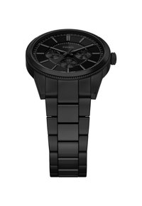 Schwarze Edelstahl-Uhr mit rundem Gehäuse, strukturiertem Lünette und matter Oberfläche. Verfügt über drei Chronographen-Subdials und ein schwarzes Gliederarmband.