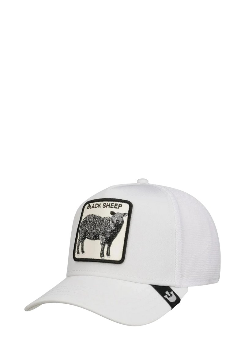 Weißer Mesh-Trucker-Cap mit gebogenem Schirm, ausgestattet mit einem schwarzen Schaf-Patch und dem Text "BLACK SHEEP" auf dem vorderen Panel.