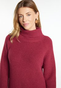 Burgundy neulepaita, jossa on korkea, ribattu poolokaulus, rento malli ja pitkät hihat, pehmeällä tekstuurilla ja kevyellä suunnittelulla.
