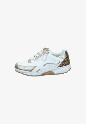 White sneaker with metallic gold accents and leopard print detail on the heel. Features laces, a zipper, and perforated design elements.
