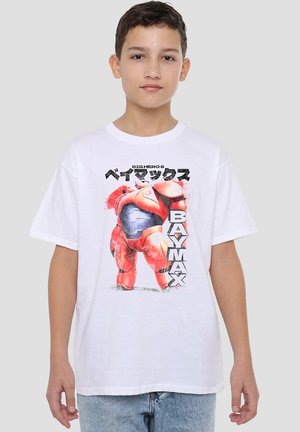 Weißes Baumwoll-T-Shirt mit einem großen Grafikdesign des roten Charakters Baymax aus Big Hero 6, mit schwarzem und japanischem Text.