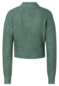 Avskuren tröja i dämpad grön, texturerad stickad kvalitet, med ribbad nederkant och ärmmuddar, utan krage och med vida axlar.