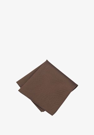 Brown napkin made of textured fabric, folded into a triangle with a subtle striped pattern. Edges are neatly finished.
