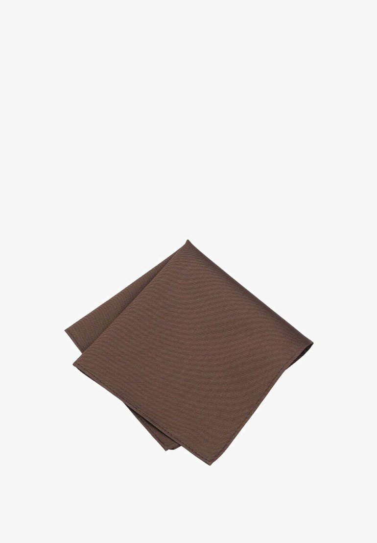 Brown napkin made of textured fabric, folded into a triangle with a subtle striped pattern. Edges are neatly finished.