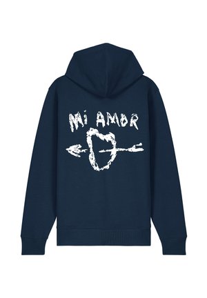 Marineblauwe hoodie met een witte grafiek op de achterkant met de tekst "Mi Amor" en een hart met een pijl. Gemaakt van katoenmix, ontspannen pasvorm.