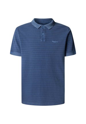 Blue short-sleeve polo shirt with subtle horizontal stripes and two-button placket, featuring small embroidered logo on the chest.