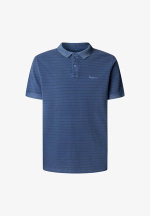 Blue short-sleeve polo shirt with subtle horizontal stripes and two-button placket, featuring small embroidered logo on the chest.