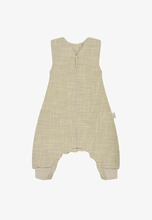 Beige sleeveless romper featuring a textured pattern, full front zipper, and cuffed legs for comfort. Made from soft, breathable fabric.