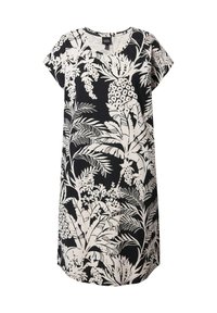 Czarna sukienka z krótkimi rękawami, z białym wzorem tropikalnych roślin, okrągłym dekoltem, luźnym krojem i zaokrąglonym dołem.