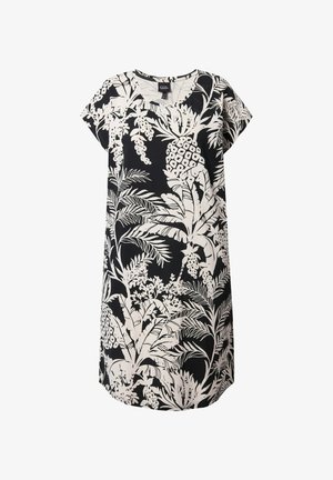 Černé šaty s krátkým rukávem, zdobené bílým vzorem tropických rostlin, s kulatým výstřihem, volným střihem a zakřiveným lemem.