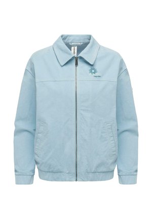 Light blue zip-up jacket with collar, elastic cuffs, side pockets, and small embroidered sun logo on the left chest.