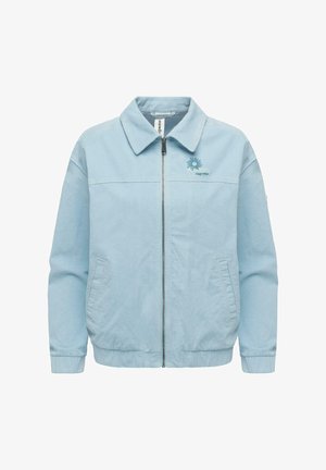 Hellblauer Reißverschlussjacke mit Kragen, elastischen Bündchen, Seitentaschen und kleinem gesticktem Sonnenlogo auf der linken Brust.