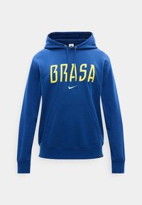 Μπλε φούτερ Nike με κίτρινο κείμενο "BRASA" και ανοιχτό μπλε λογότυπο swoosh, με μπροστινή τσέπη και κουκούλα με κορδόνι.