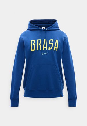 Μπλε φούτερ Nike με κίτρινο κείμενο "BRASA" και ανοιχτό μπλε λογότυπο swoosh, με μπροστινή τσέπη και κουκούλα με κορδόνι.