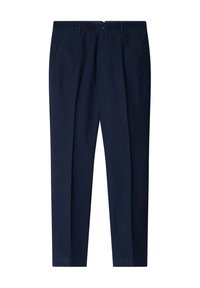 Pantalon bleu marine en tissu lisse, au design ajusté, avec deux poches latérales et une fermeture à bouton sur le devant.