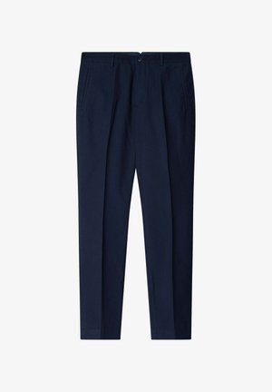 Navyblauwe broek van gladde stof, met een op maat gemaakte snit, twee zijzakken en een sluiting met een voorknoop.