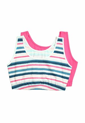 Dos tops cortos sin mangas, uno con rayas horizontales en rosa, azul y blanco y otro de color rosa sólido, colocados planos sobre un fondo blanco.