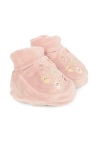Roze fluwelen babybooties met een omgeslagen manchet, voorzien van gouden en pastel borduursels in een cirkelvormig ontwerp aan de voorkant. Zacht en gestructureerd afwerking.