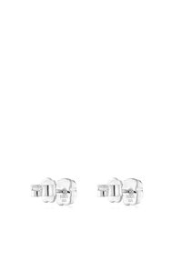 Pendientes de plata con un diseño floral, con textura pulida y grabado de la marca. Forma simple, clásica y simétrica.