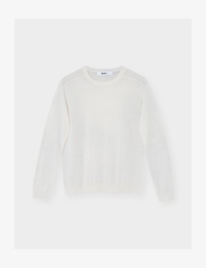 Pull blanc à manches longues avec col rond, poignets et bord-côte, présenté à plat sur fond blanc.