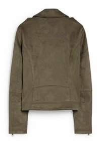 Veste en suédine olive verte avec col, détails de zip sur les manches et coupe ajustée. Texture lisse avec des accents de couture minimaux.