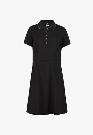 Zwarte polokleed met korte mouwen, knoopsluiting, zebra-patroon textuur en contrasterende witte kraagafwerking. Casual A-lijn pasvorm.