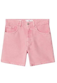 Bermuda in denim rosa con taglio classico, tasche frontali e chiusura con bottone. Tessuto liscio con dettagli di cucitura visibili.