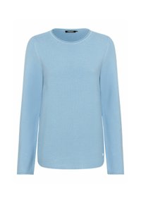 Helleblaue Langarm-Sweater mit strukturiertem Strick, rundem Ausschnitt und dezentem Logo-Detail am Saum, mit lockerer Passform.