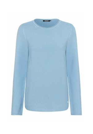 Light blue long-sleeve sweater with a textured knit, round neckline, and subtle logo detail at the hem, featuring a relaxed fit.