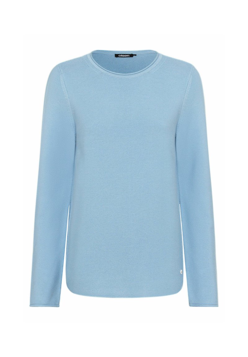 Helleblaue Langarm-Sweater mit strukturiertem Strick, rundem Ausschnitt und dezentem Logo-Detail am Saum, mit lockerer Passform.