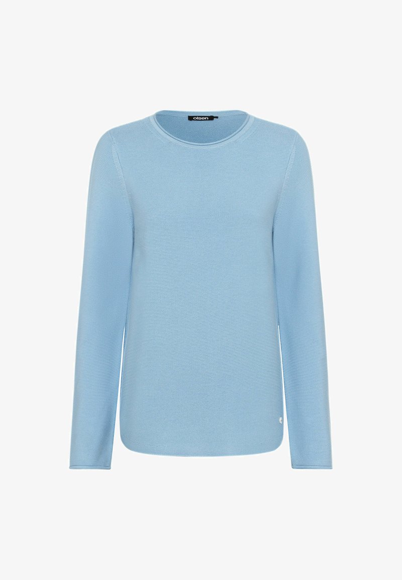 Helleblaue Langarm-Sweater mit strukturiertem Strick, rundem Ausschnitt und dezentem Logo-Detail am Saum, mit lockerer Passform.