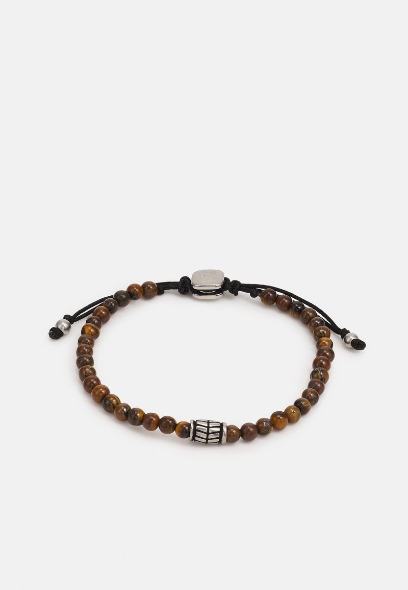 Bracelet à cordon noir réglable avec des perles rondes marron et une perle décorative en argent au centre, sur fond blanc.