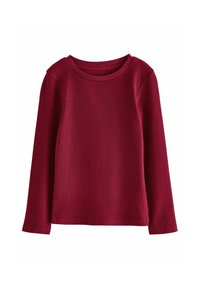 Haut à manches longues bordeaux en tissu côtelé avec un col rond et un ourlet droit. Présente une texture lisse et une coupe décontractée.