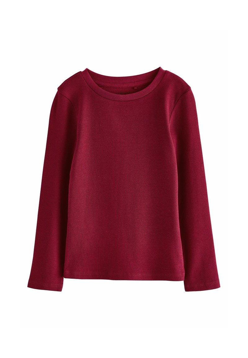 Haut à manches longues bordeaux en tissu côtelé avec un col rond et un ourlet droit. Présente une texture lisse et une coupe décontractée.