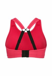 Sportbeha in levendig roze met een racerback ontwerp. Voorzien van zwarte verstelbare banden en een haaksluiting op de rug. Gladde textuur.