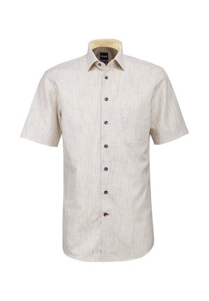 Beiges Kurzarmhemd mit dünnen vertikalen Streifen, Knopfleiste, Brusttasche und kontrastierendem Innenkragen.
