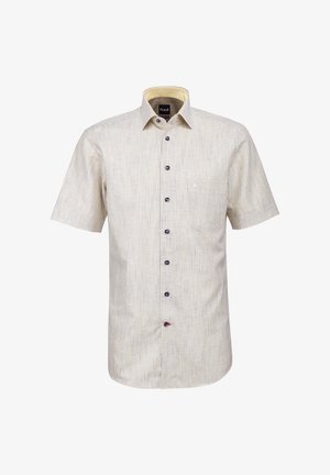 Camicia beige a maniche corte con sottili righe verticali, chiusura frontale con bottoni, taschino sul petto e fodera interna del colletto a contrasto.