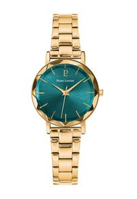 Reloj en tono dorado con una esfera en color azul verdoso, que presenta una superficie texturada, marcadores de horas dorados y una pulsera de eslabones dorados a juego.